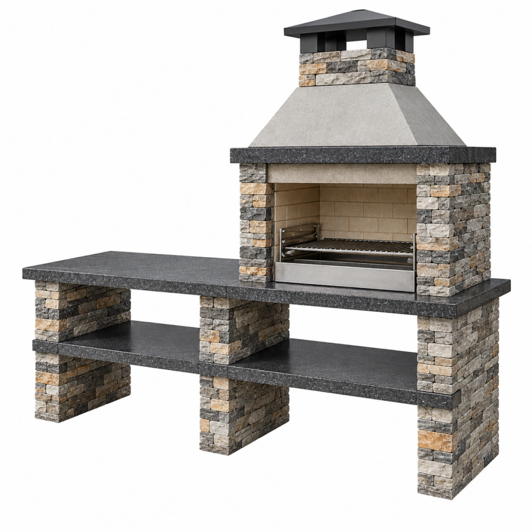 Barbacoa de obra 200 x 70 x 220 cm de piedra gris con parrilla de acero inoxidable para exterior