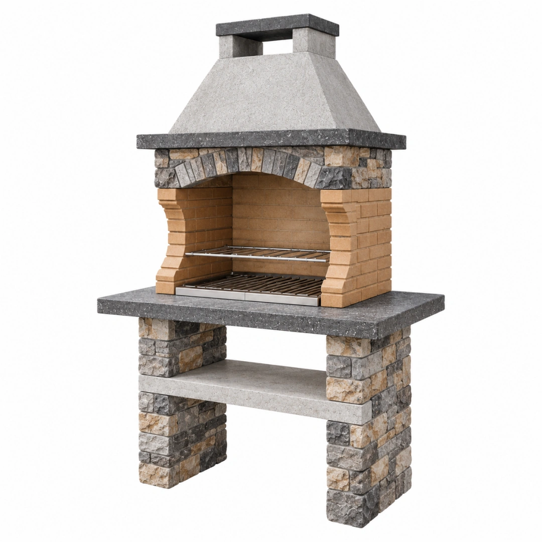 Barbacoa de obra 100 x 60 x 200 cm de piedra y ladrillo gris beige para exterior