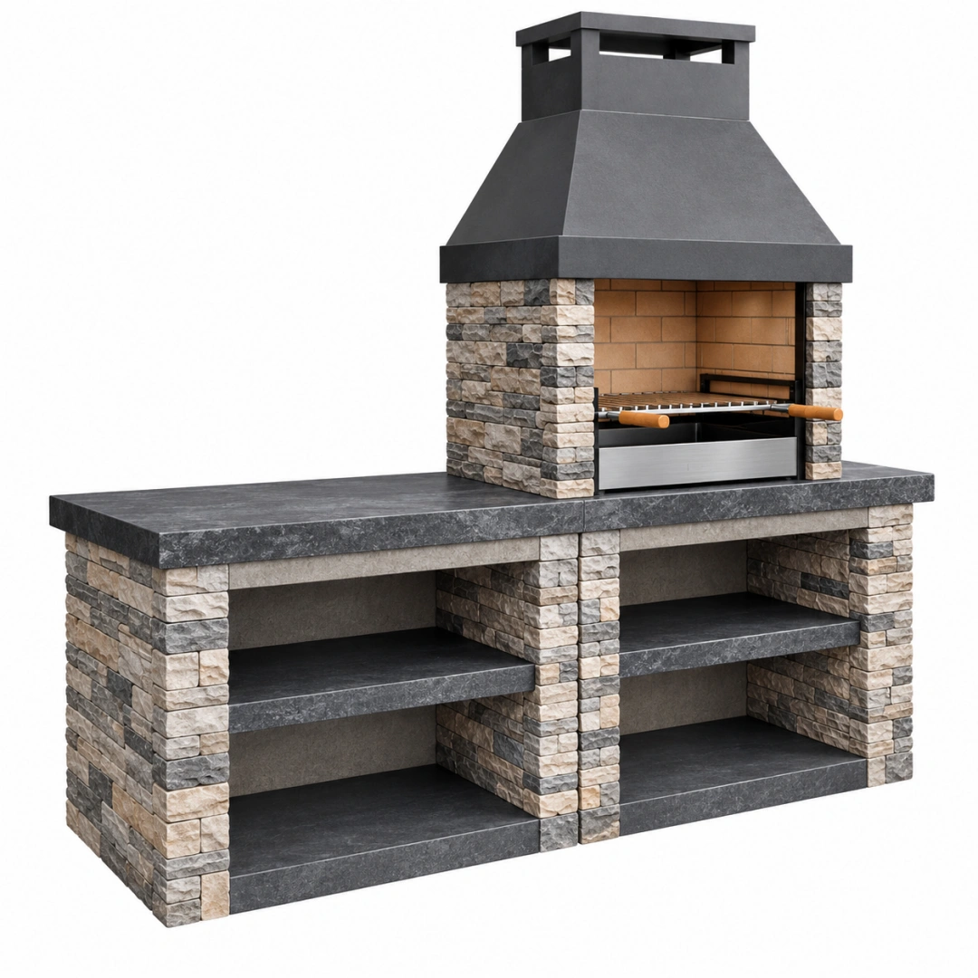 Barbacoa de obra 220 x 70 x 230 cm de piedra gris para exterior con parrilla