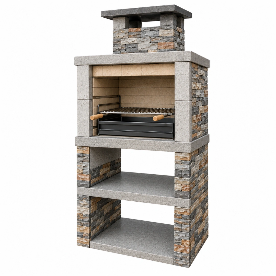 Barbacoa de obra 110 x 70 x 220 cm de piedra gris con parrilla de acero para exterior