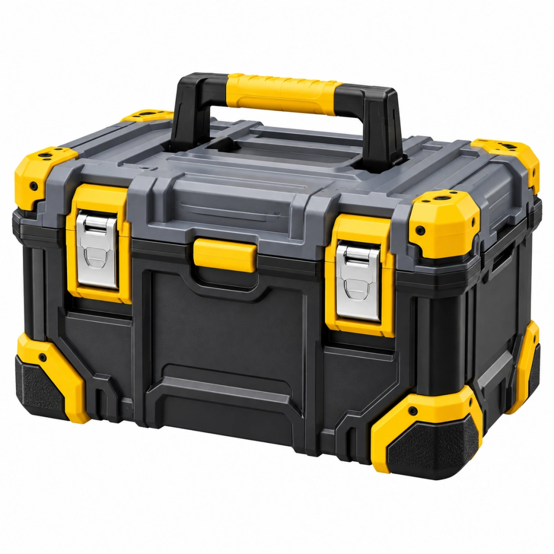 Caja de herramientas 50 x 30 x 25 cm de plástico negro gris y amarillo con cierres metálicos portátil