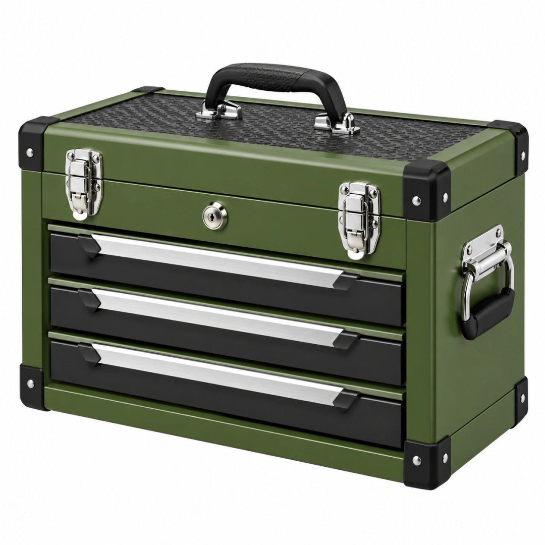 Caja de herramientas 50 x 25 x 35 cm de metal verde con 3 cajones y cierre
