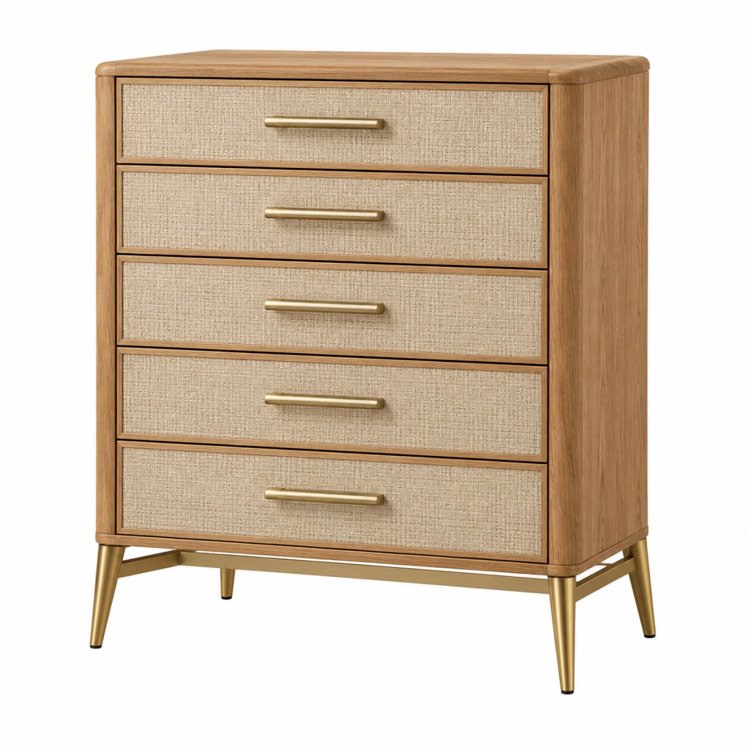 Cómoda de 5 cajones 90 x 45 x 120 cm en madera marrón y beige con patas metálicas