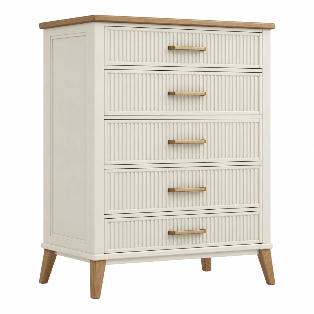 Cómoda 80 x 40 x 110 cm de madera blanco y natural con 5 cajones estilo nórdico