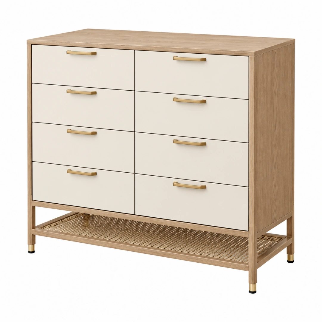 Cómoda 120 x 45 x 100 cm de madera beige y roble con 8 cajones y estante de rejilla estilo contemporáneo
