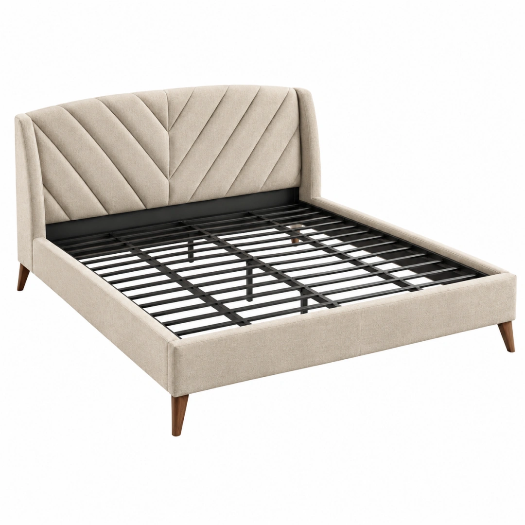 Cama tapizada 160 x 200 cm beige con somier metálico y cabecero acolchado moderno