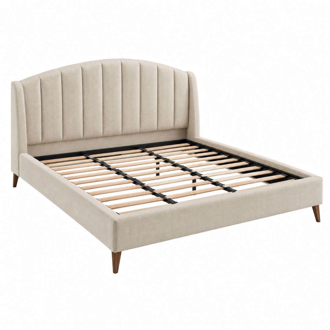 Cama tapizada 160 x 200 cm beige con somier de láminas - estilo contemporáneo