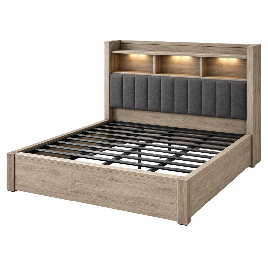 Cama con almacenaje 160 x 200 cm de madera beige con cabecero tapizado e iluminación