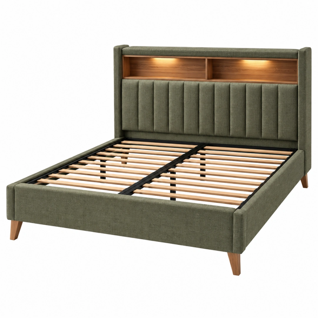 Cama tapizada 160 x 200 cm verde oliva con cabecero de madera e iluminación integrada