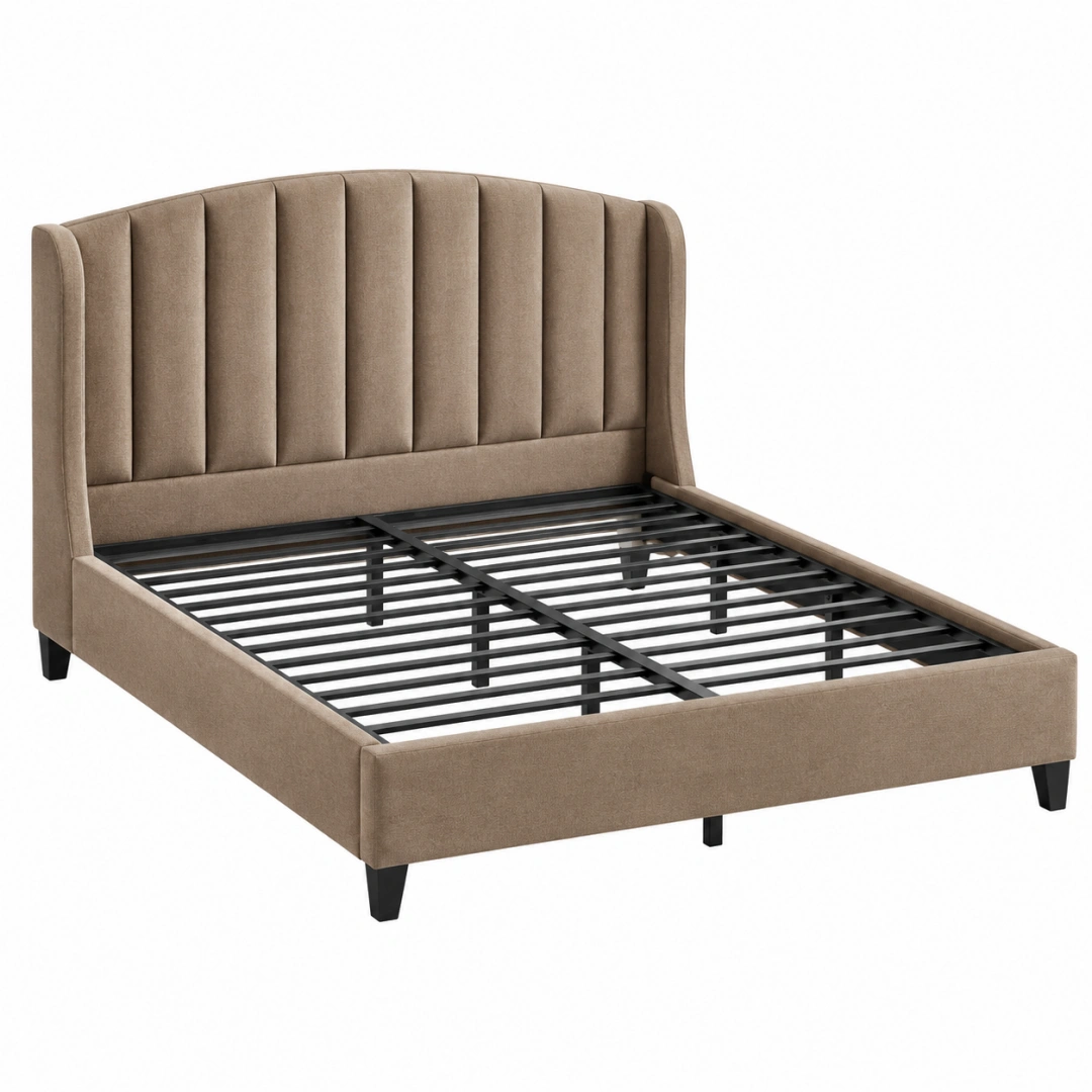 Cama tapizada 160 x 200 cm en tela marrón con cabecero acanalado y somier de metal