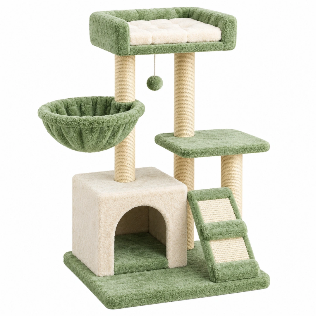 Árbol rascador para gatos 60 x 50 x 130 cm de sisal verde y crema con refugio y plataformas