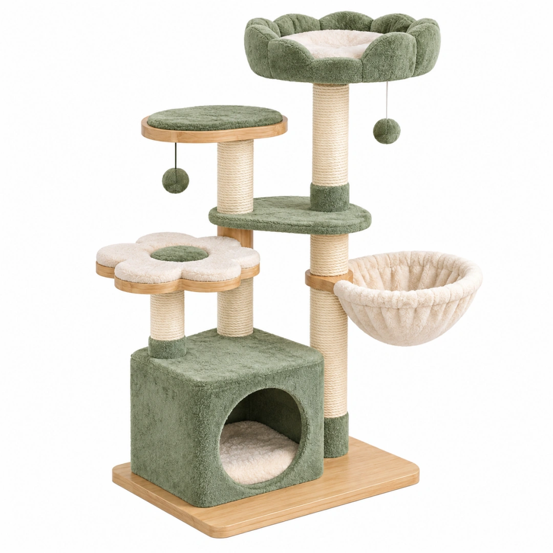 Árbol rascador para gatos 60 x 50 x 125 cm de sisal y felpa verde con cueva y hamaca