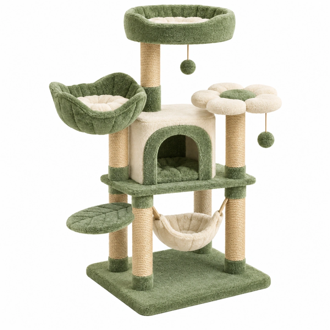 Árbol rascador para gatos 60 x 60 x 150 cm de sisal y felpa verde beige con refugio y hamaca