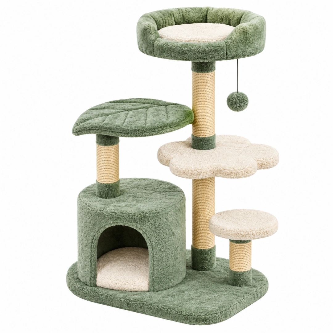 Árbol rascador para gatos 60 x 50 x 120 cm de felpa verde y beige con plataformas y cueva