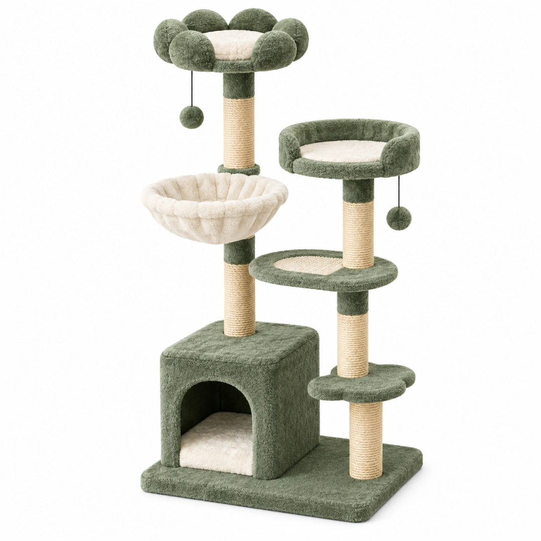Árbol rascador para gatos 60 x 50 x 110 cm de felpa verde y sisal con refugio y plataformas