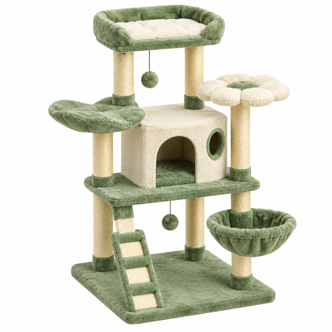 Árbol rascador para gatos 60 x 50 x 145 cm de sisal y felpa verde crema con plataformas y cueva