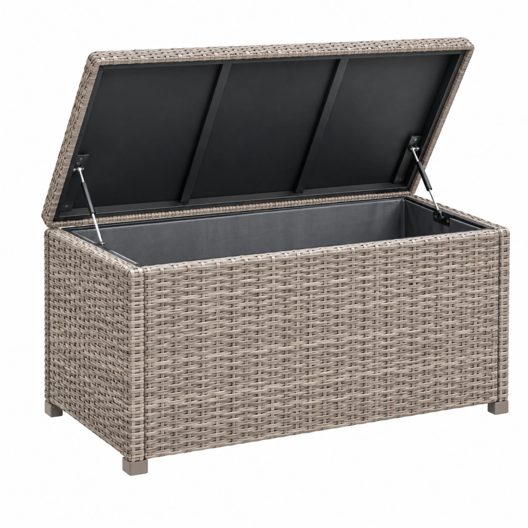 Baúl de almacenaje 120 x 50 x 60 cm de ratán sintético gris para exterior con tapa abatible