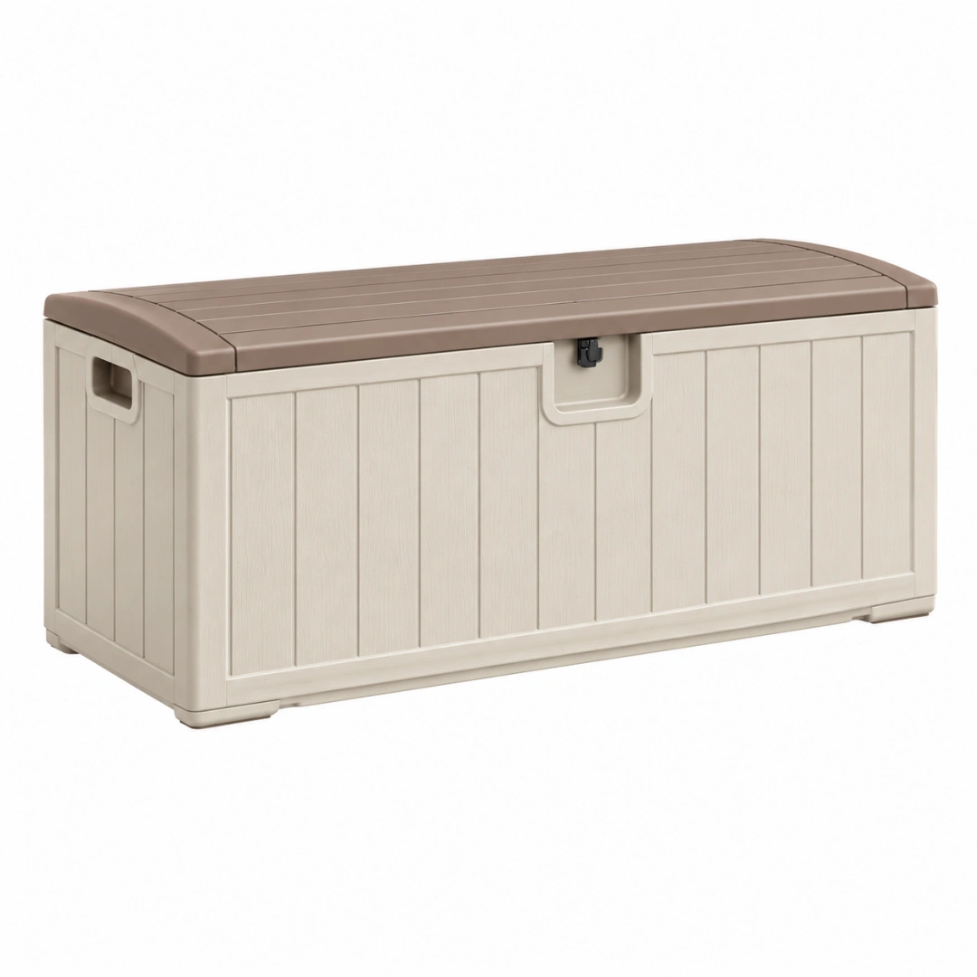 Baúl de almacenaje 120 x 56 x 63 cm de plástico beige y marrón para exterior