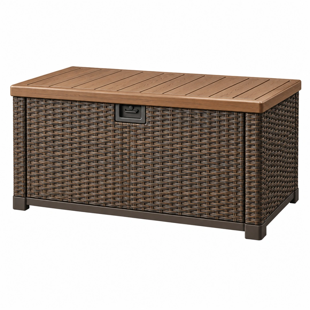 Arcón de almacenamiento exterior 120 x 60 x 60 cm de ratán sintético marrón con tapa efecto madera