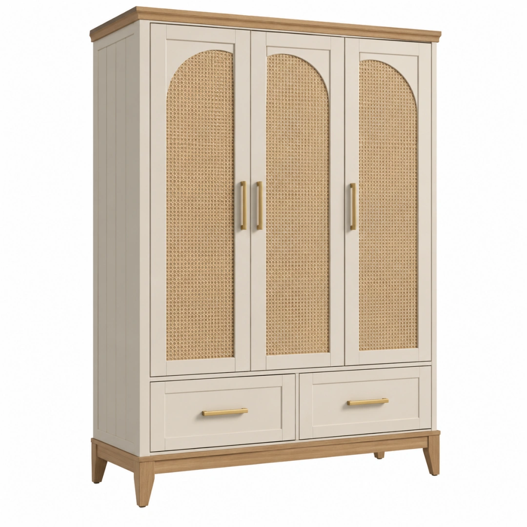 Armario 120 x 55 x 190 cm de madera beige y natural con rejilla de ratán y 3 puertas