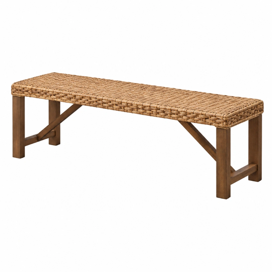Banco de 120 x 40 x 45 cm de madera y fibra vegetal marrón natural para recibidor - estilo rústico