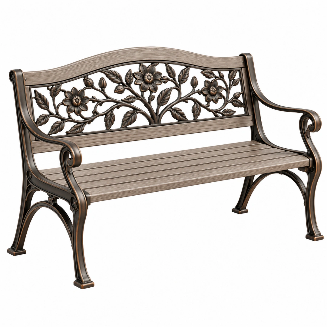 Banco de jardín 120 x 60 x 90 cm de metal marrón estilo clásico con respaldo floral