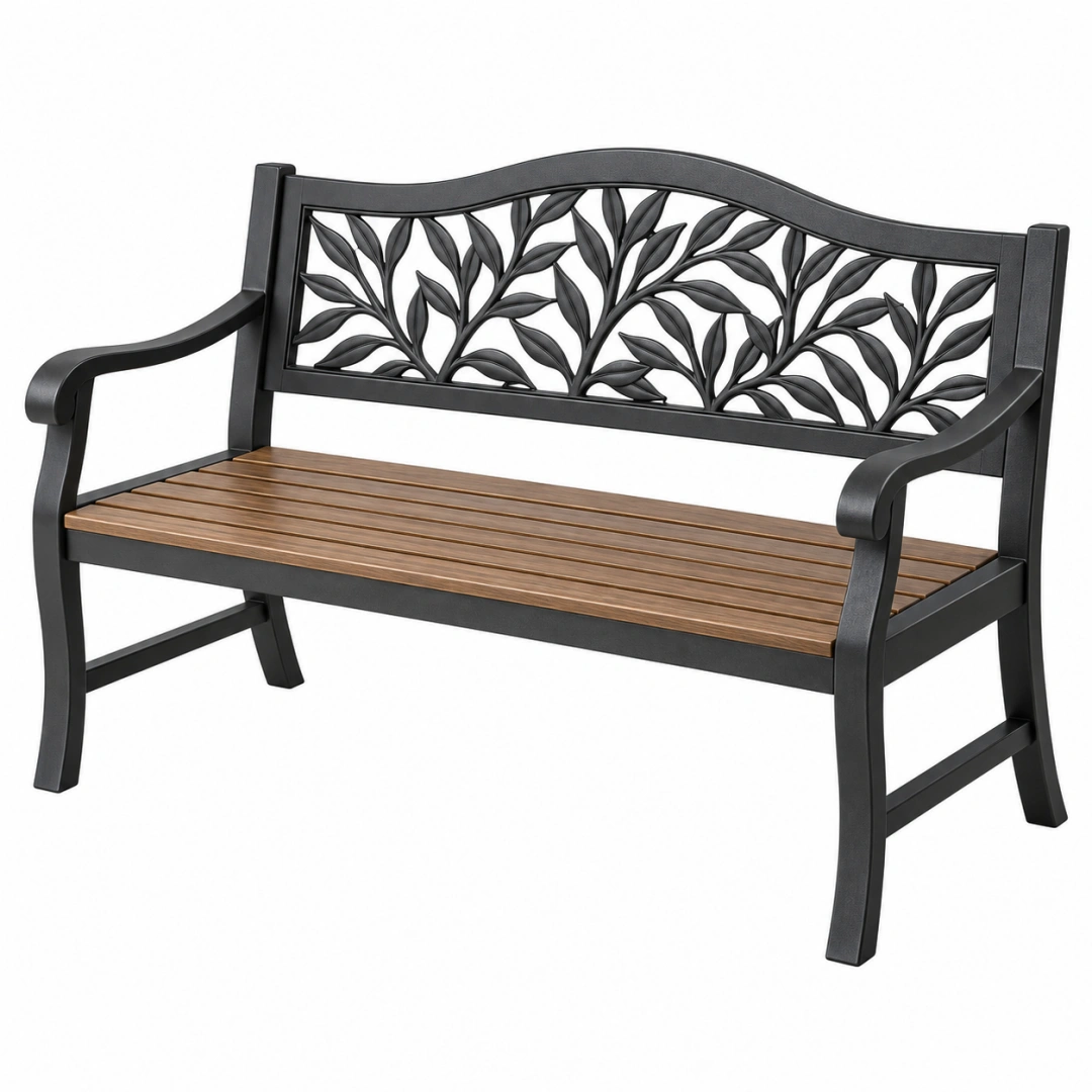 Banco de jardín 122 x 61 x 91 cm de metal y madera negro y marrón con respaldo decorativo