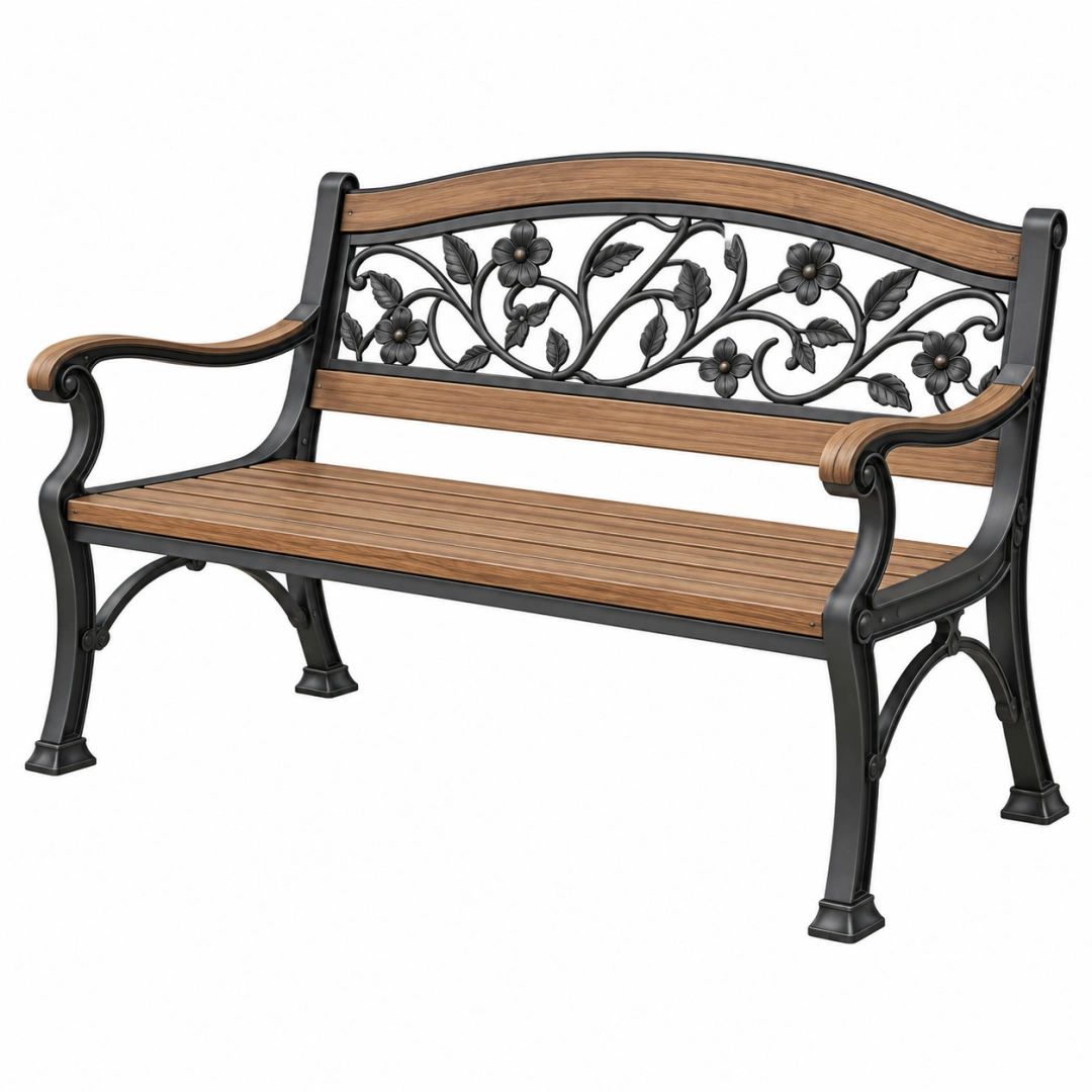 Banco de jardín 122 x 62 x 88 cm de metal y madera marrón y negro con respaldo floral